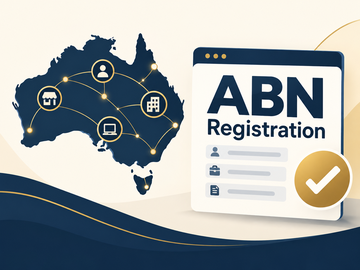 Australia map with connected icons representing a network, beside a browser window titled 'ABN Registration' showing a checklist and a gold checkmark indicating completion.