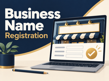 Banner-style image advertising business name registration, featuring a laptop with a form and a checkmark.
