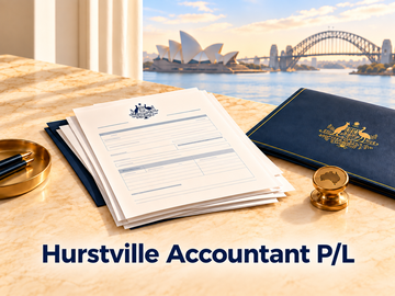 Desk with stacked forms and a blue government folder, Hurstville Accountant P/L; Sydney Opera House and Harbour Bridge visible in the background.