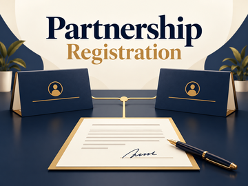 Partnership Registration sign above a desk with a signed form on a clipboard, a pen, and two blue name-card holders on either side.